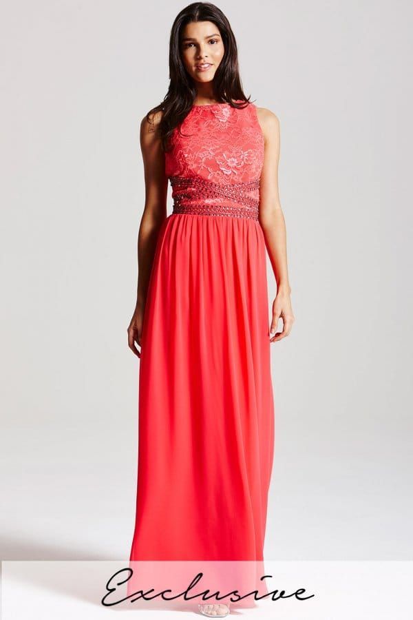 Coral lace embellished maxi dress  size: 10 UK, colour