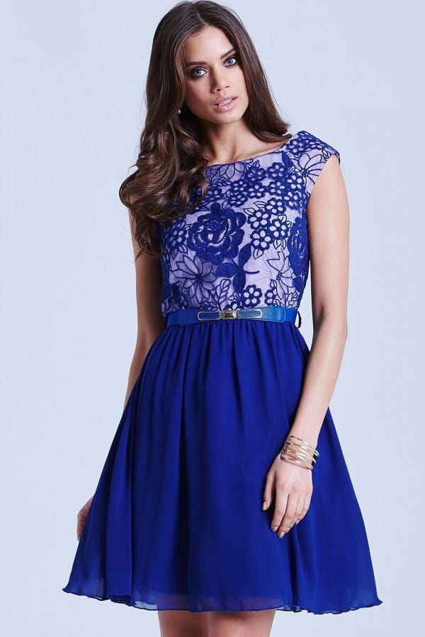 Blue Floral Overlay Fit and Flare Dress size: 10 UK, c