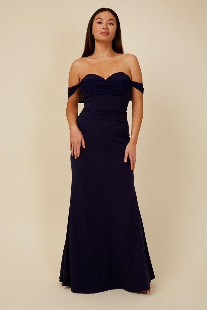 Bridesmaid Rafaela Navy Bardot Maxi Dress size: 10 UK,