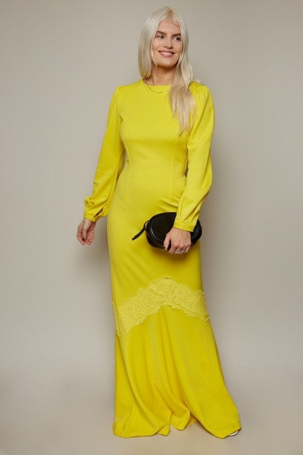 Betty Yellow Lace Trim Fishtail Maxi Dress size: 10 UK