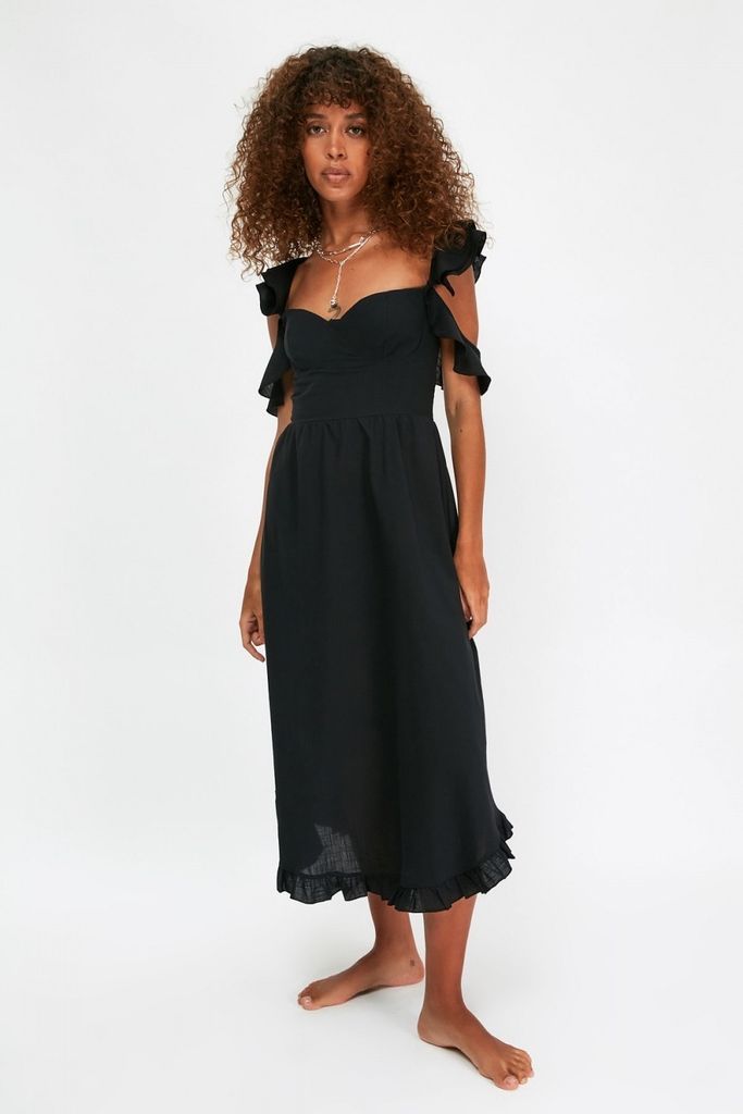 Black Cut Out Frill Shoulder Midi Dress size: 10 UK, colour: