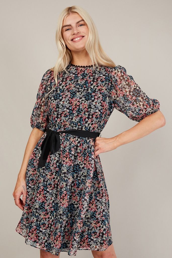 Black Floral Puff Sleeve Floral Dress with Black Tie size: 10