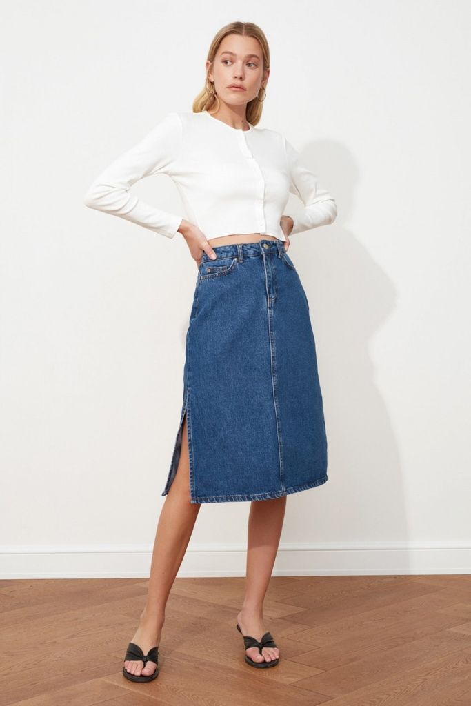 Denim Midi Straight Skirt  size: 10 UK, colour: Blue