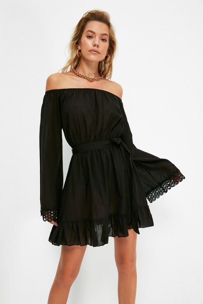 Black Bardot Flared Sleeve Mini Dress size: 10 UK, colour: Bl
