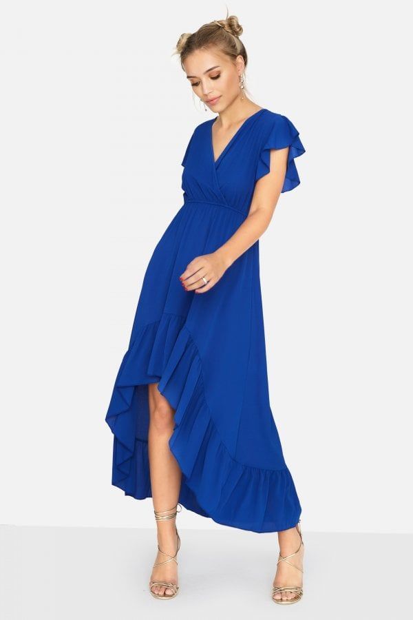 Caspian Mock Wrap Dress With Frill size: M/L, colour: Cobalt