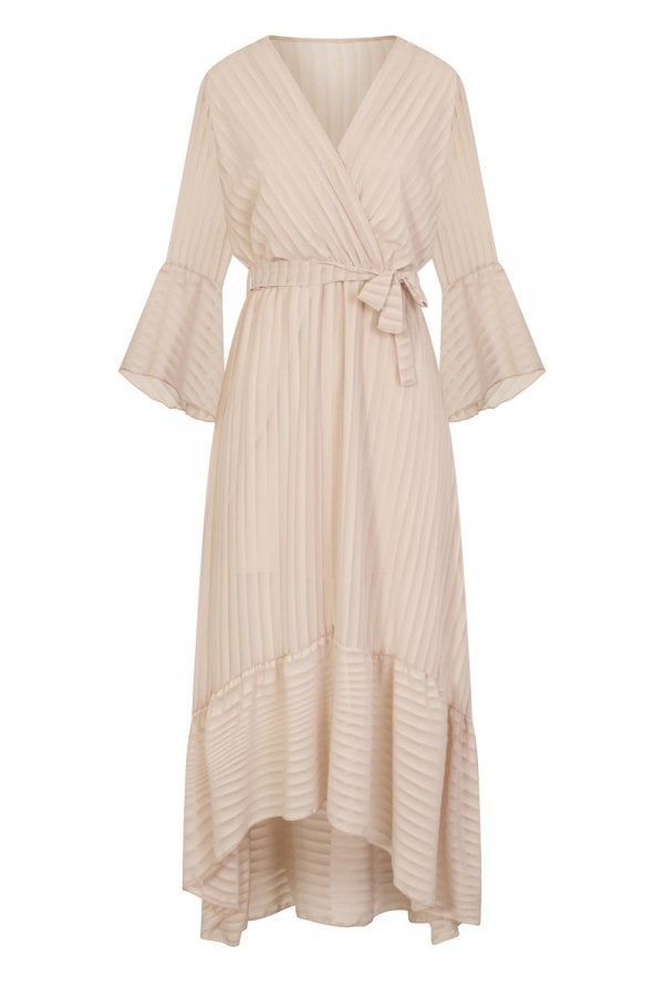 Bailey Mock Wrap Dress In Stripe size: M/L, colour: Beige