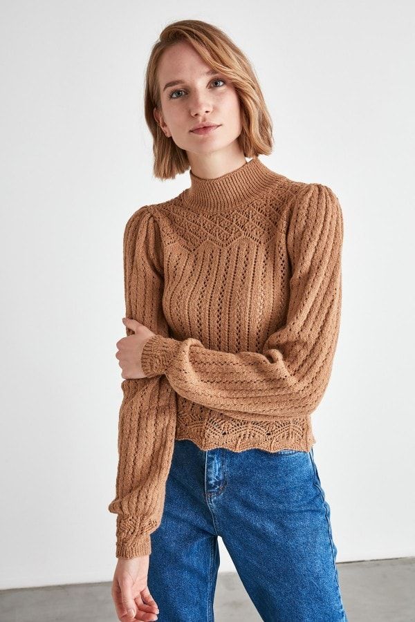 Camel Roll Neck Puff Sleeve Jumper size: L, colour: Camel