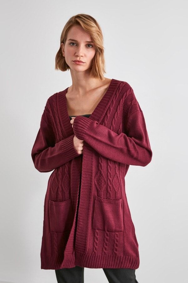 Burgundy Long Cardigan With Pockets size: L, colour: Burgundy