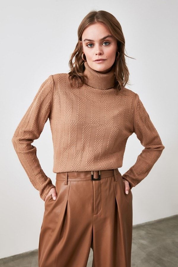 Camel Knit Detailed Knitwear Sweater size: L, colour: Camel