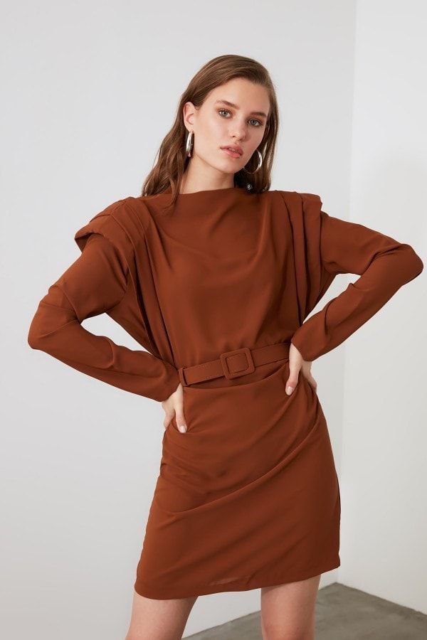 Brown Belted Shoulder Detail Dress size: 10 UK, colour: Brown
