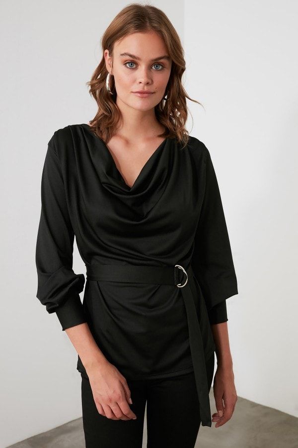 Black Chiffon Collar Knitted Blouse size: L, colour: Black