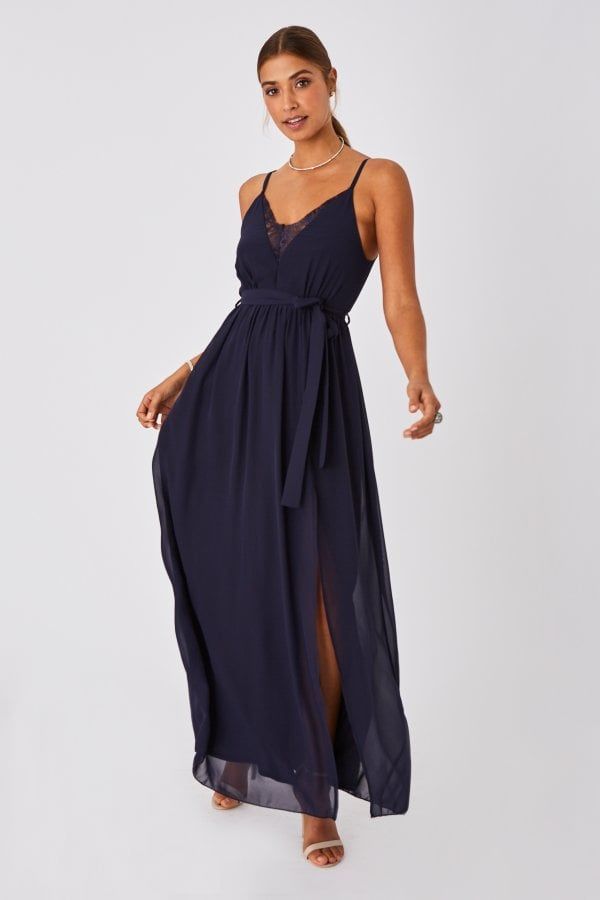 Gracious Navy Lace-Trim Cami Maxi Dress size: 10 UK, col
