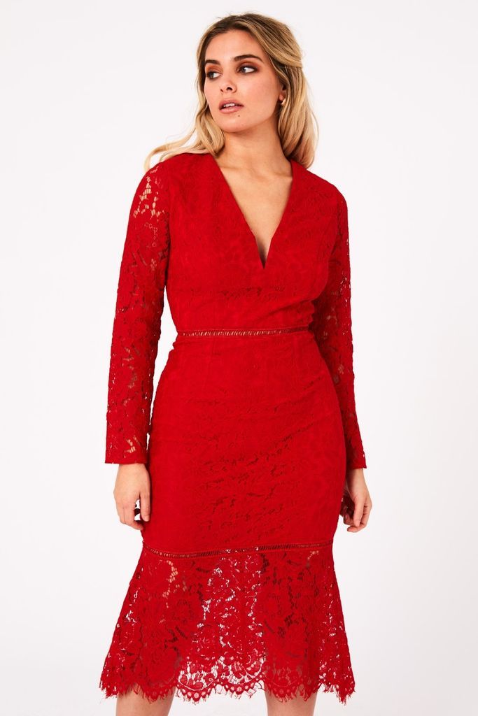 Marcella Red Lace Pephem Midi Dress size: 10 UK, colour: