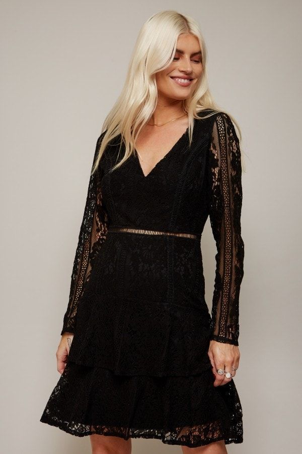 Sensation Black Lace Frill Mini Dress  size: 10 UK, colo