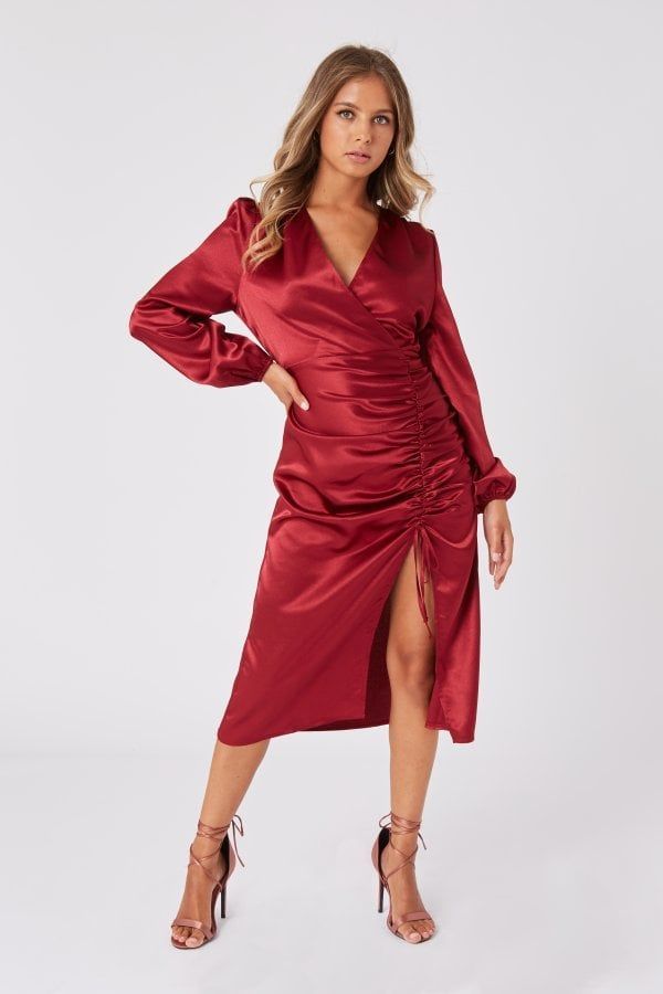 Margarita Burgundy  Satin Ruched Midi Dress size: 10 UK,