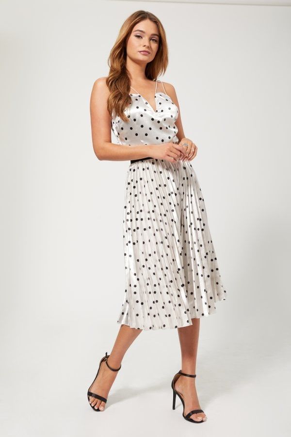 Prospect Silver Polka-Dot Pleated Midi Skirt size: 10 UK