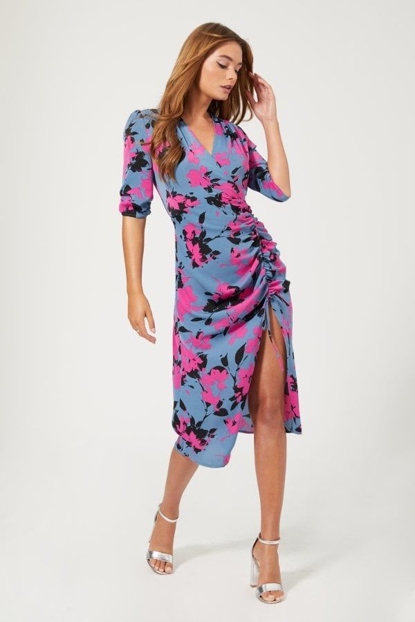 Honor Floral-Print Ruched Midi Dress size: 10 UK, colour