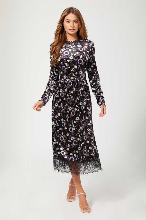 Narcissa Black Floral-Print Velvet Midi Dress size: 10 U