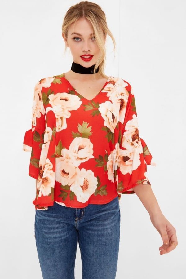Red Floral Print Tie Sleeve Blouse  size: 10 UK, colour: