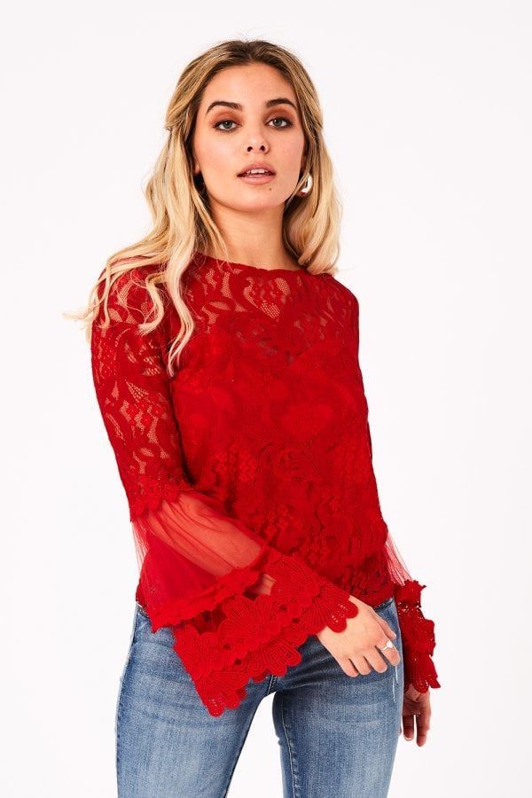 Levine Red Fluted Sleeve Top size: 10 UK, colour: Red