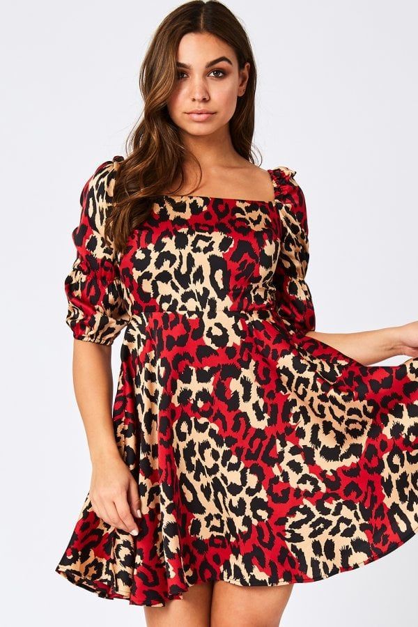Faerie Red Leopard-Print Square-Neck Mini Dress size: 10