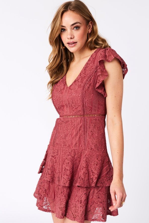 Sensation Deep Rose Lace Frill Mini Dress  size: 10 UK,