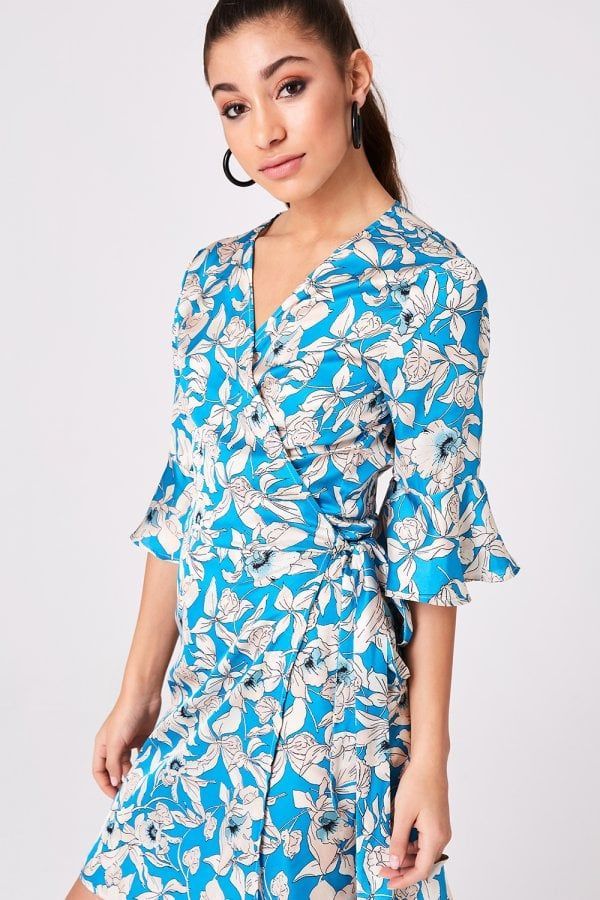 Jagger Turquoise Floral-Print Satin Wrap Dress size: 10