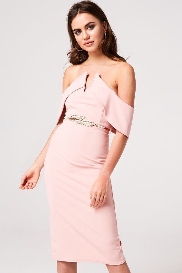 Peony Pink Bardot Bodycon Midi Dress size: 10 UK, colour