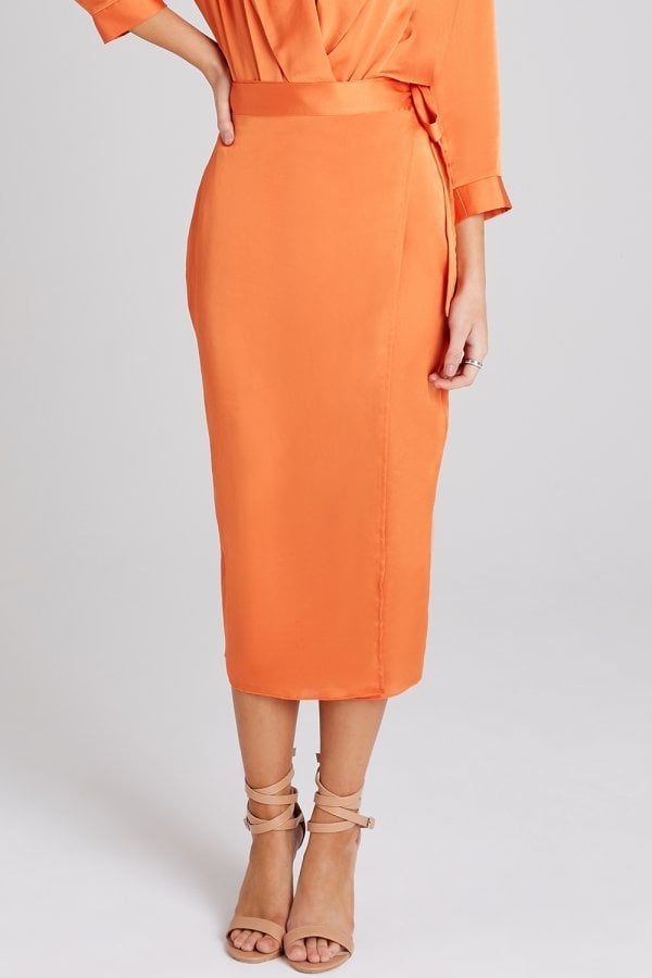 Myrtle Orange Satin Midi Skirt Co-ord size: 10 UK, colou