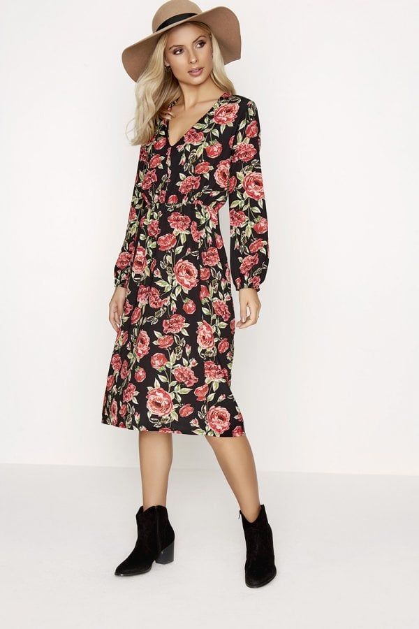 Rose Print Midi Dress size: 10 UK, colour: Black & M