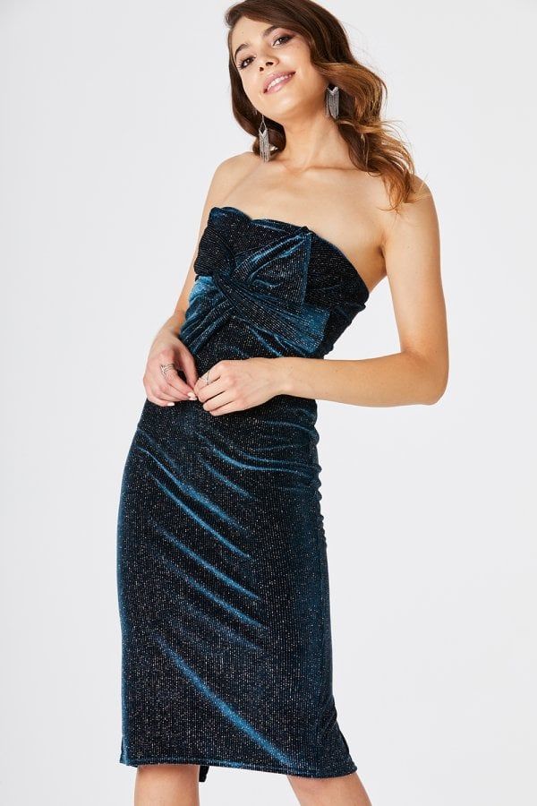 Rachel Bow Midi Dress In Teal Velvet Stripe size: 10 UK,