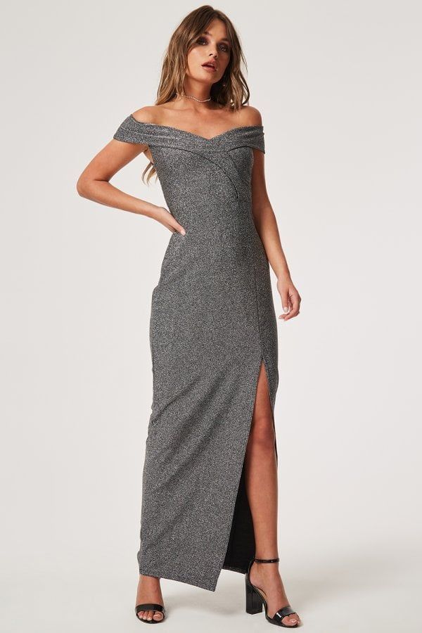 Pose Silver Foldover Bardot Maxi Dress size: 10 UK, colo