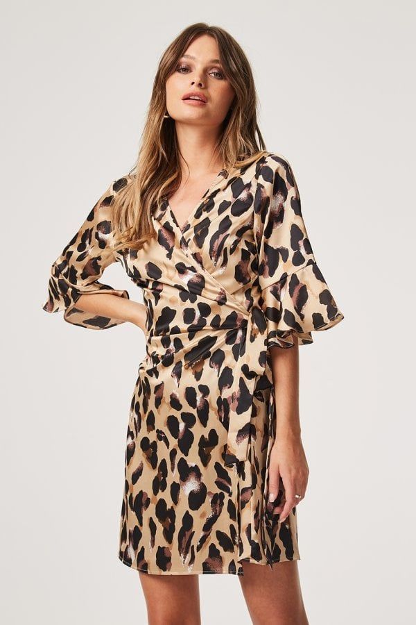 Jagger Satin Wrap Dress In Leopard size: 10 UK, colour: