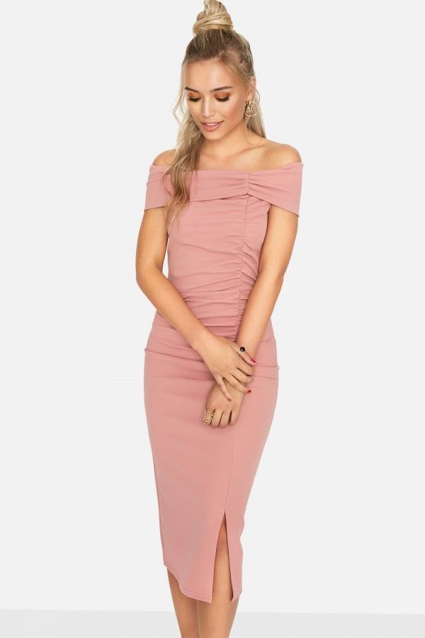 Sweet Thing Ruched Bardot Dress  size: 10 UK, colour: Pi