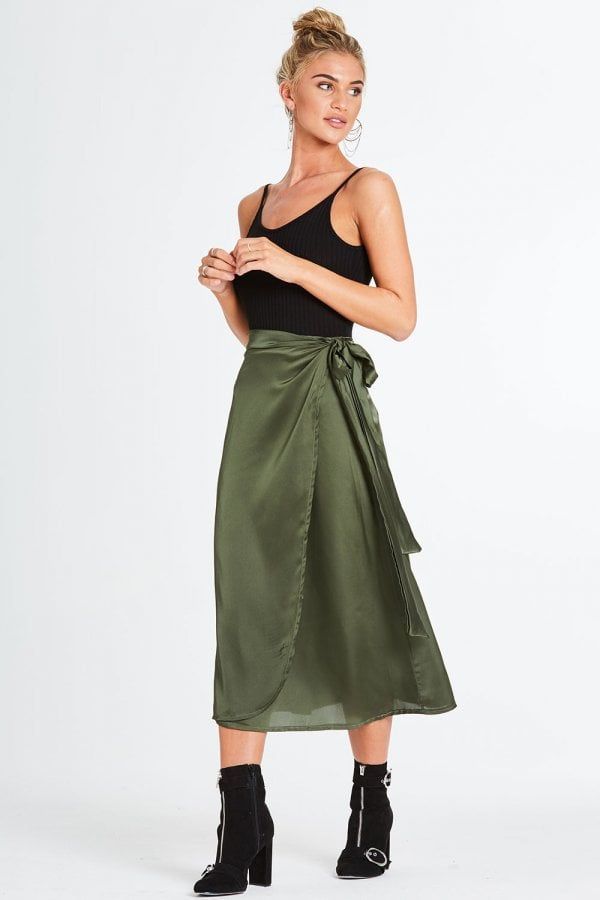 Temptation Satin Wrap Skirt size: M/L, colour: Green