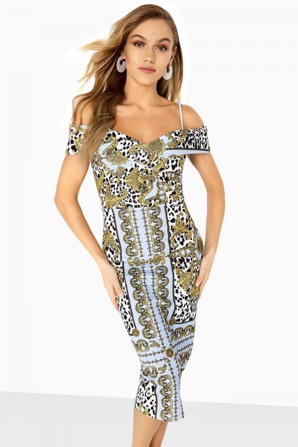 Pose Foldover Bardot Dress In Chain Print size: 10 UK, c