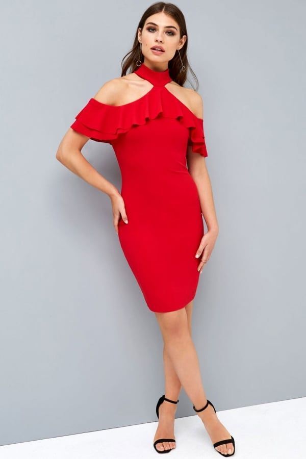 Red Cold Shoulder Bodycon Dress  size: 10 UK, colour: Re