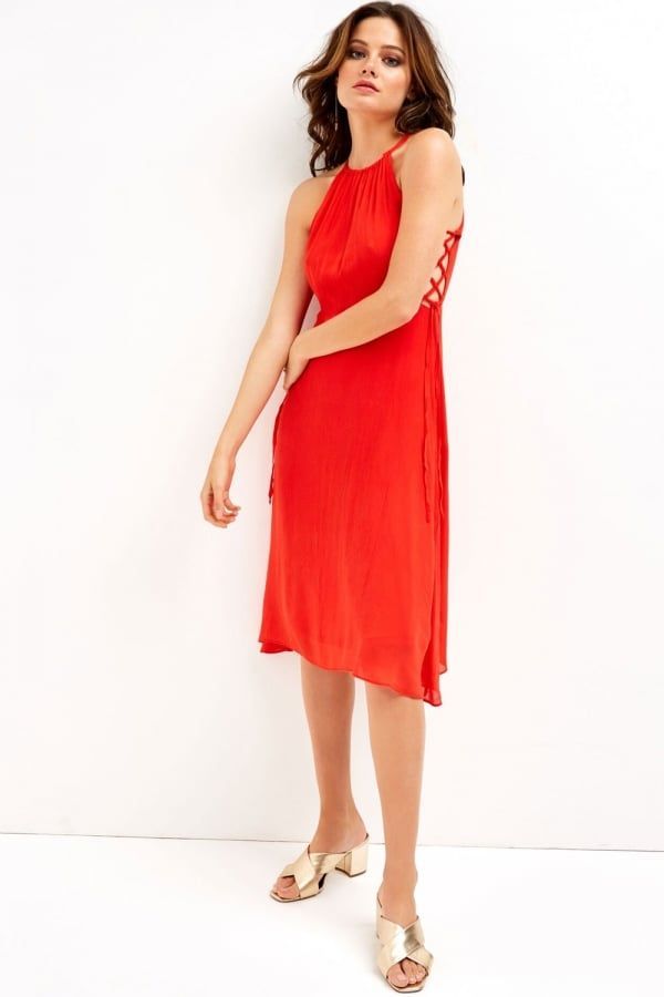 Red Halter Side Tie Dress  size: M/L, colour: Red