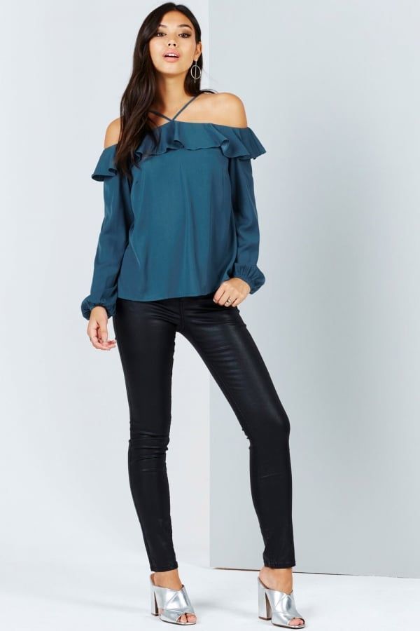 Teal Off The Shoulder Top With Ruffles size: 10 UK, colo