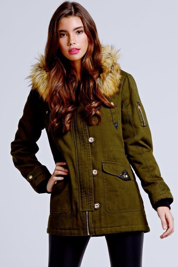 Khaki Fur Trim Hooded Parka Jacket size: 10 UK, colour: