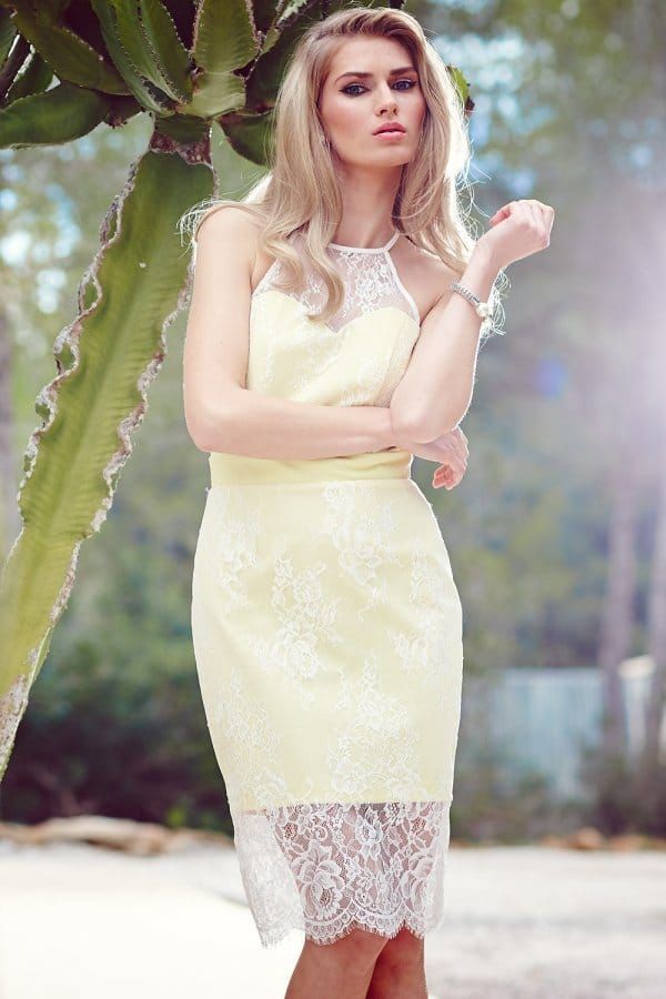 Racer front lemon bodycon dress with lace overlay size: 10