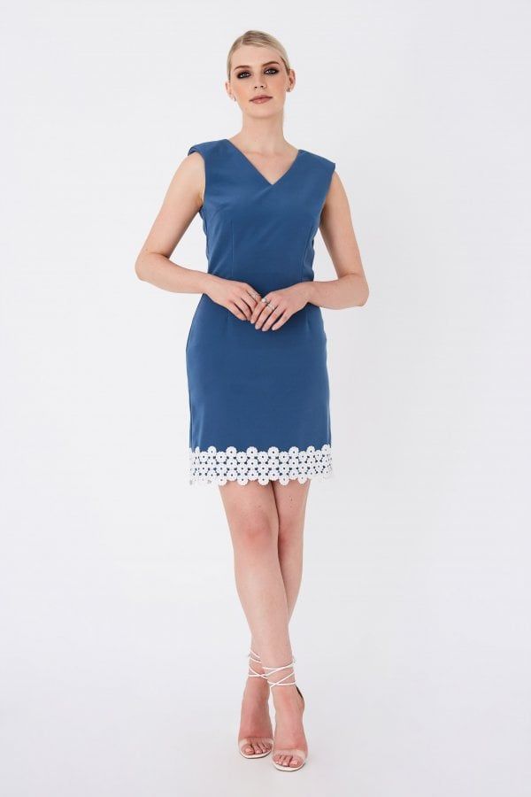 Vogel Prussian Blue Lace-Trim Mini Shift Dress size: 10 UK