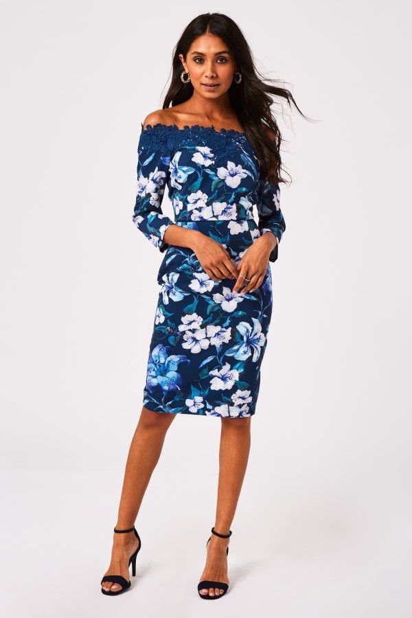 Pasadena Navy Floral-Print Bardot Dress size: 10 UK, colou