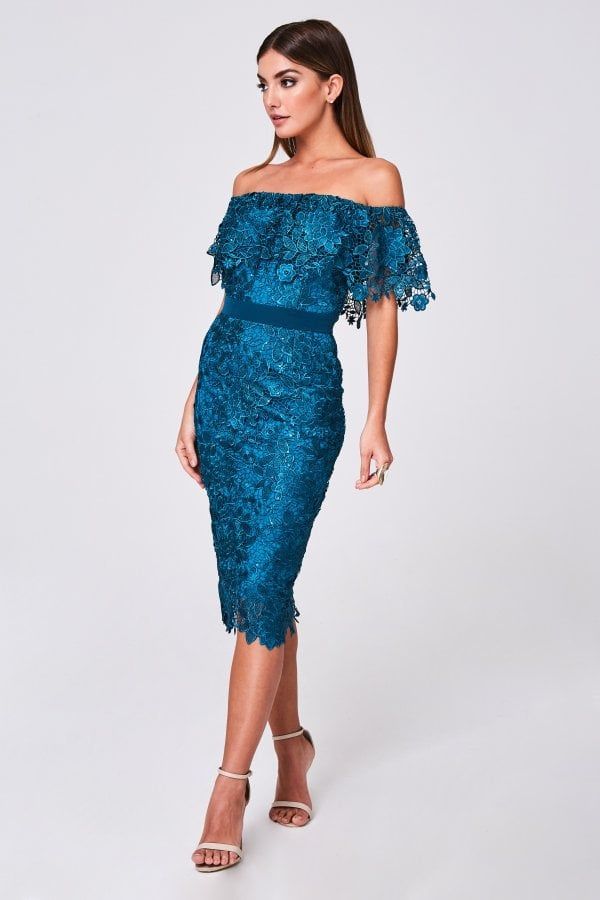 Terran Teal Crochet-Lace Bardot Midi Dress size: 10 UK, co