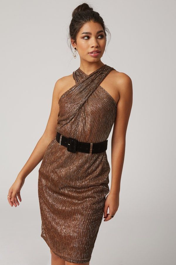 Lumen Copper Lurex Crossover Neck Belted Dress  size: 10 U