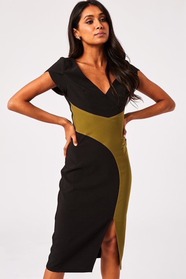 Fuji Olive And Black Colour Block Dress size: 10 UK, colou