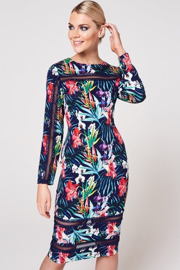 Napa Navy Tropical-Print Lace-Trim Bodycon Dress size: 10