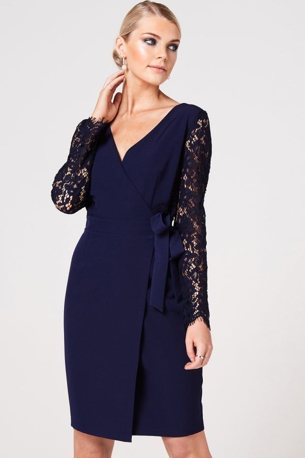 Sapporo Navy Lace Sleeve Wrap Dress size: 10 UK, colour: N