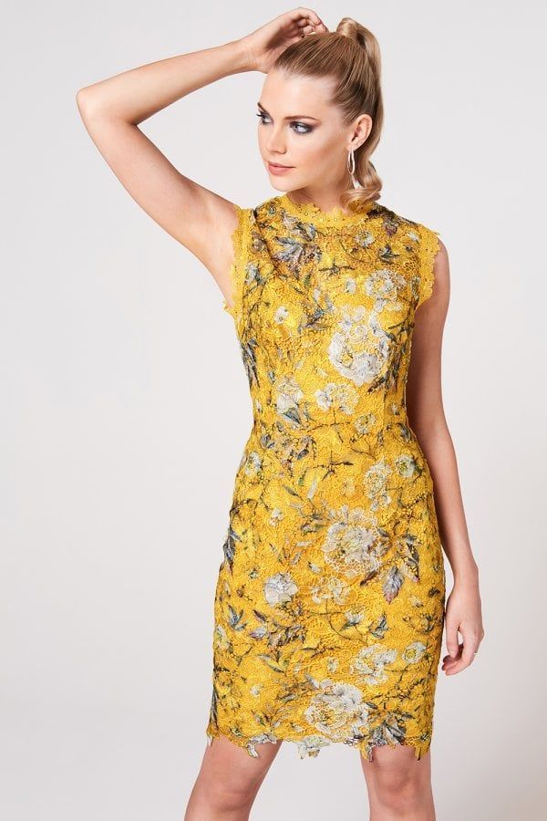 Taro Mustard Floral-Print Crochet Lace Dress size: 10 UK,