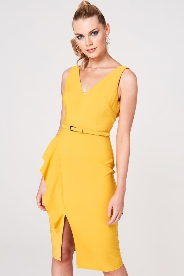 Noe Mustard Frill Belted Pencil Dress size: 10 UK, colour: